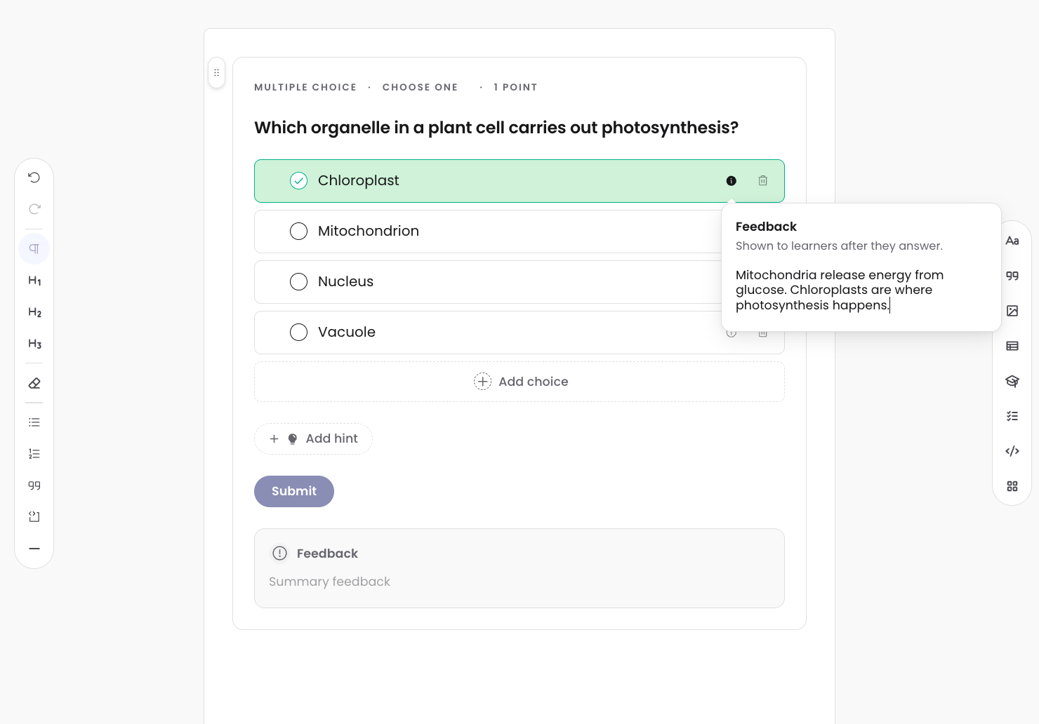 Per-choice feedback popover open