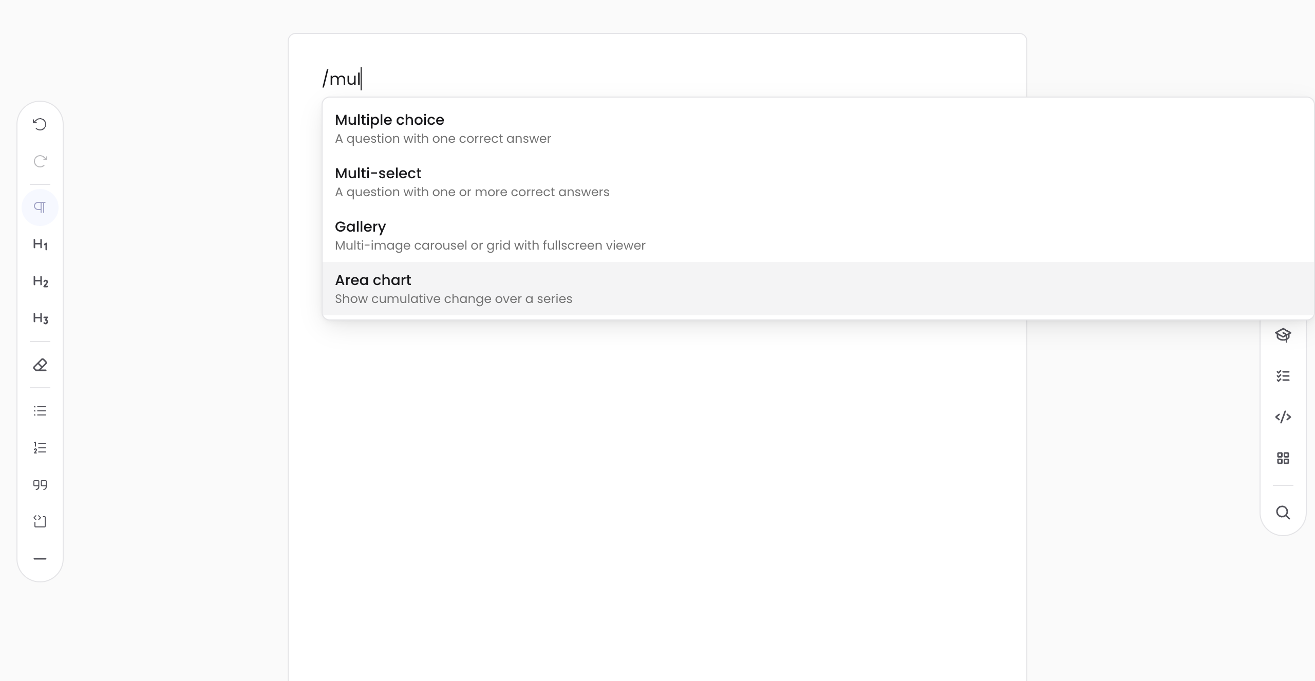 Slash menu open, multiple choice highlighted